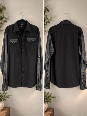 Vtg Enyce Faux Leather atrim Button Down Shirt sz XL